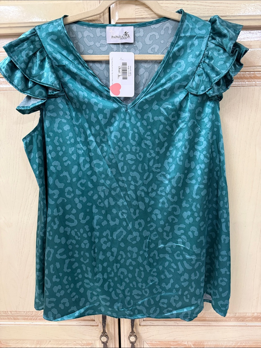 paparazzi Teal Leopard Jacquard Ruffle V-Neck Camisole